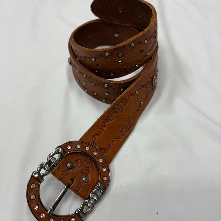 [BUNJANG] ROMANTTE Floral Studded Brown Leather Belt / 빈티지 웨스턴 스터드 브라운 레더 벨트