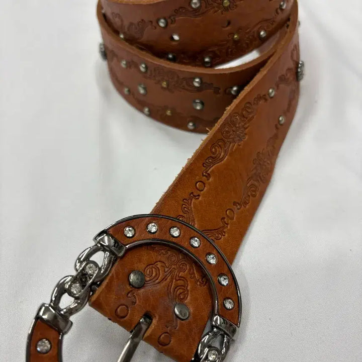 [BUNJANG] ROMANTTE Floral Studded Brown Leather Belt / 빈티지 웨스턴 스터드 브라운 레더 벨트