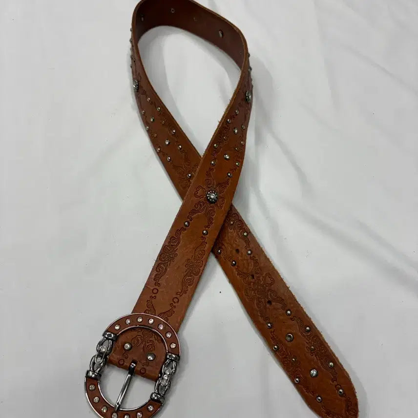 [BUNJANG] ROMANTTE Floral Studded Brown Leather Belt / 빈티지 웨스턴 스터드 브라운 레더 벨트