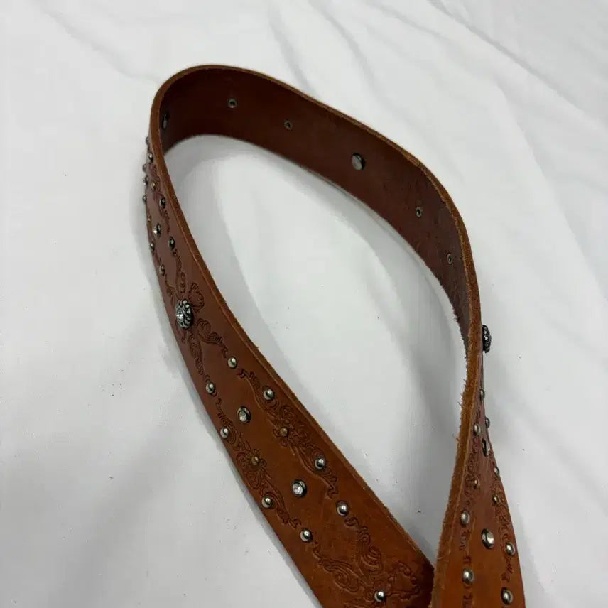 [BUNJANG] ROMANTTE Floral Studded Brown Leather Belt / 빈티지 웨스턴 스터드 브라운 레더 벨트
