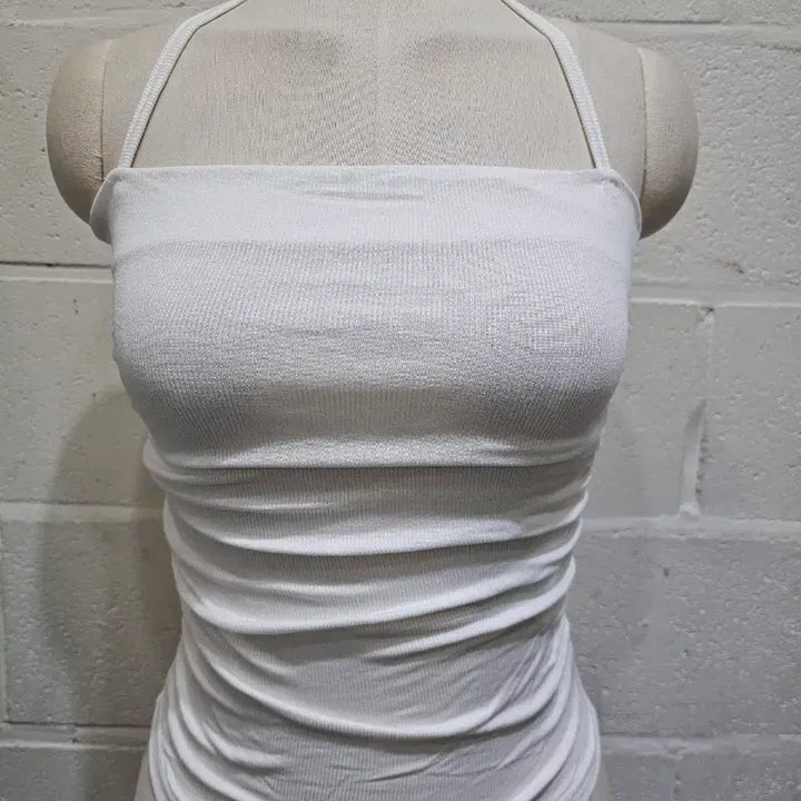 [BUNJANG] Holder Neck Ribbon Shirring Tank Top - White / 홀더넥 리본 옆셔링 나시- 화이트