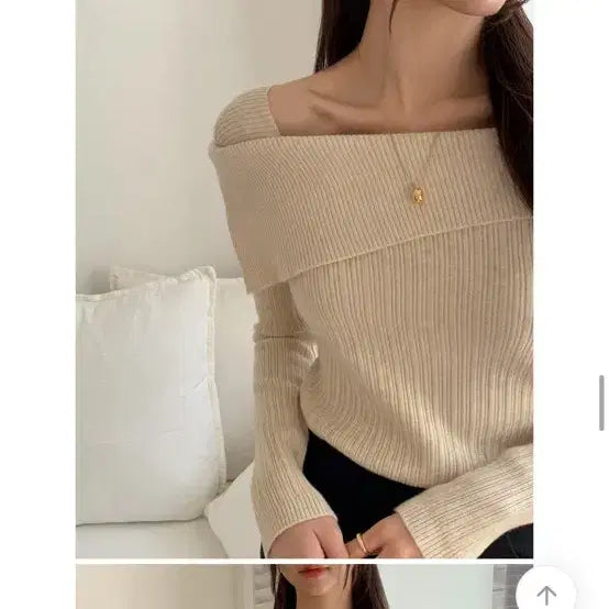 [BUNJANG] Attrangs Slim Ribbed Asymmetrical Knit Beige Sweater / 아뜨랑스 슬림 골지 언발 니트 베이지 새상품