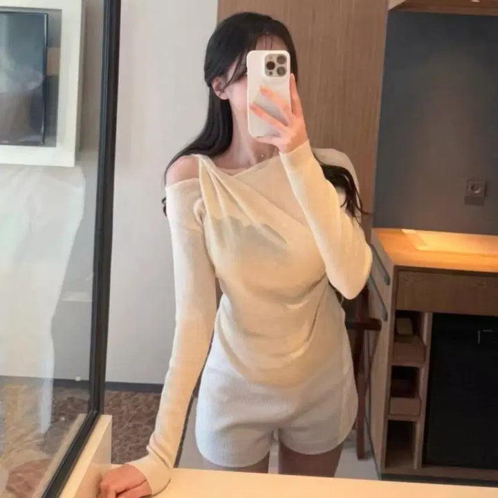 [BUNJANG] Pink Drape Long Sleeve Knit Top / 핑크 드레이핑 긴팔 니트티