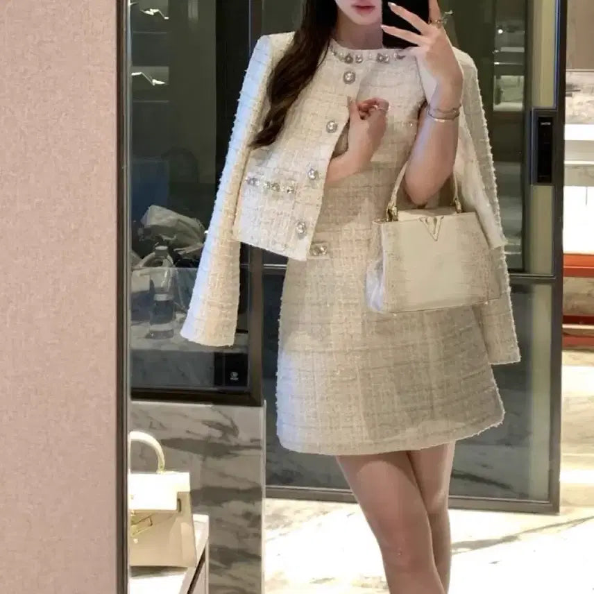 [BUNJANG] Ivory Tweed Set-up Jacket + Dress (Small Size) / 트위드 셋업 아이보리 자켓 + 원피스 스몰사이즈