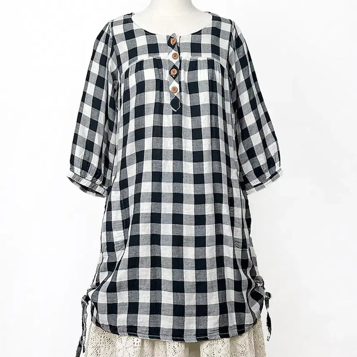 [BUNJANG] Vintage Wood Button Check Balloon Sleeve Ribbon Shirring Mini Dress Shirt Black / 일본빈티지 우드버튼체크 벌룬소매리본셔링원피스셔츠 블랙 모리걸하구미룩y2k