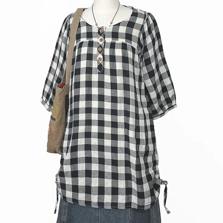 [BUNJANG] Vintage Wood Button Check Balloon Sleeve Ribbon Shirring Mini Dress Shirt Black / 일본빈티지 우드버튼체크 벌룬소매리본셔링원피스셔츠 블랙 모리걸하구미룩y2k