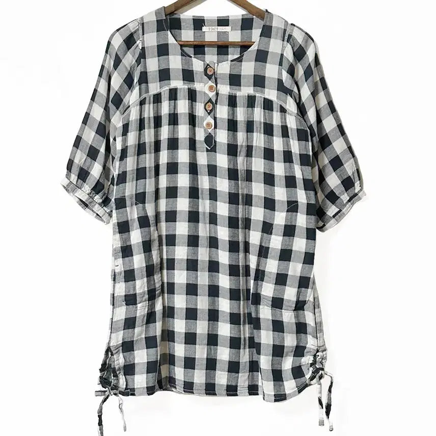 [BUNJANG] Vintage Wood Button Check Balloon Sleeve Ribbon Shirring Mini Dress Shirt Black / 일본빈티지 우드버튼체크 벌룬소매리본셔링원피스셔츠 블랙 모리걸하구미룩y2k