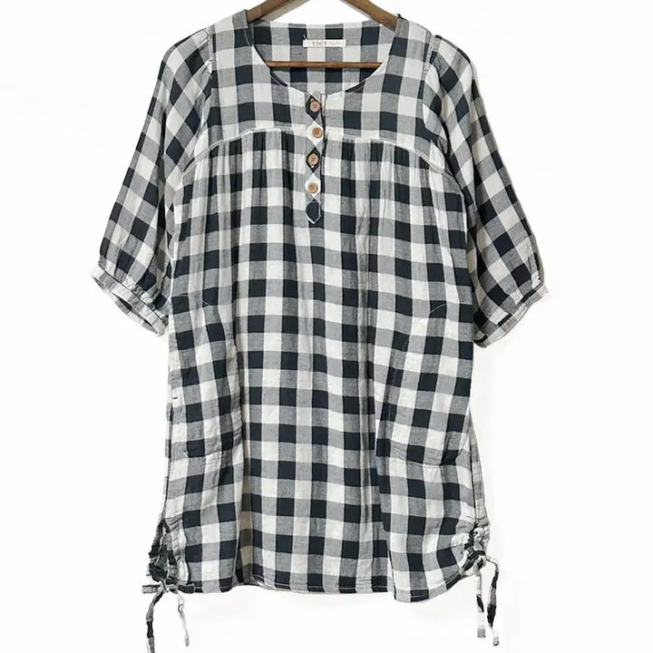 [BUNJANG] Vintage Wood Button Check Balloon Sleeve Ribbon Shirring Mini Dress Shirt Black / 일본빈티지 우드버튼체크 벌룬소매리본셔링원피스셔츠 블랙 모리걸하구미룩y2k
