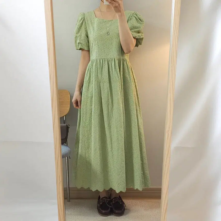 [BUNJANG] Vintage Square Neck Long Dress / (F)여성 롱 원피스 스퀘어넥 반팔 펀칭 빈티지 E9W2454