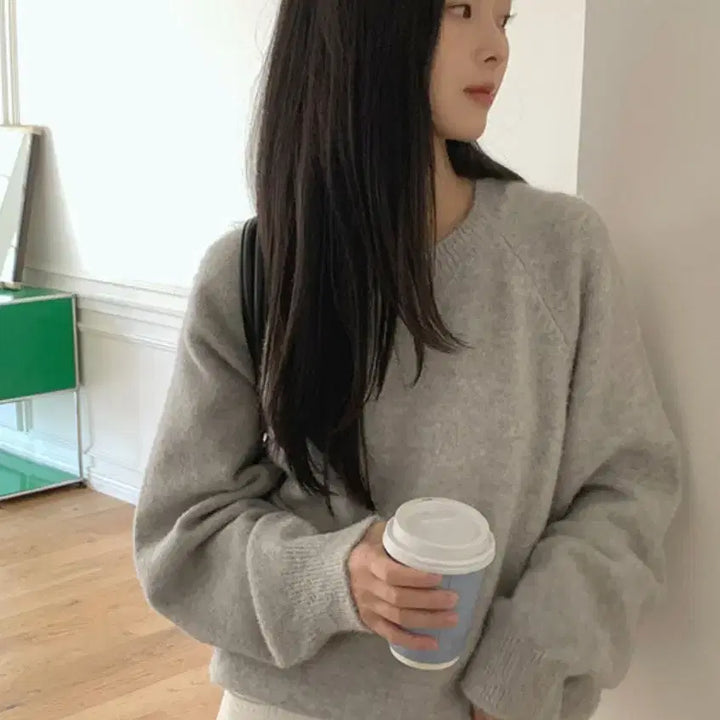 [BUNJANG] MarynRound Soft Loose Fit Round Knit Gray / 메리어라운드 소프트 루즈핏 라운드 니트 그레이