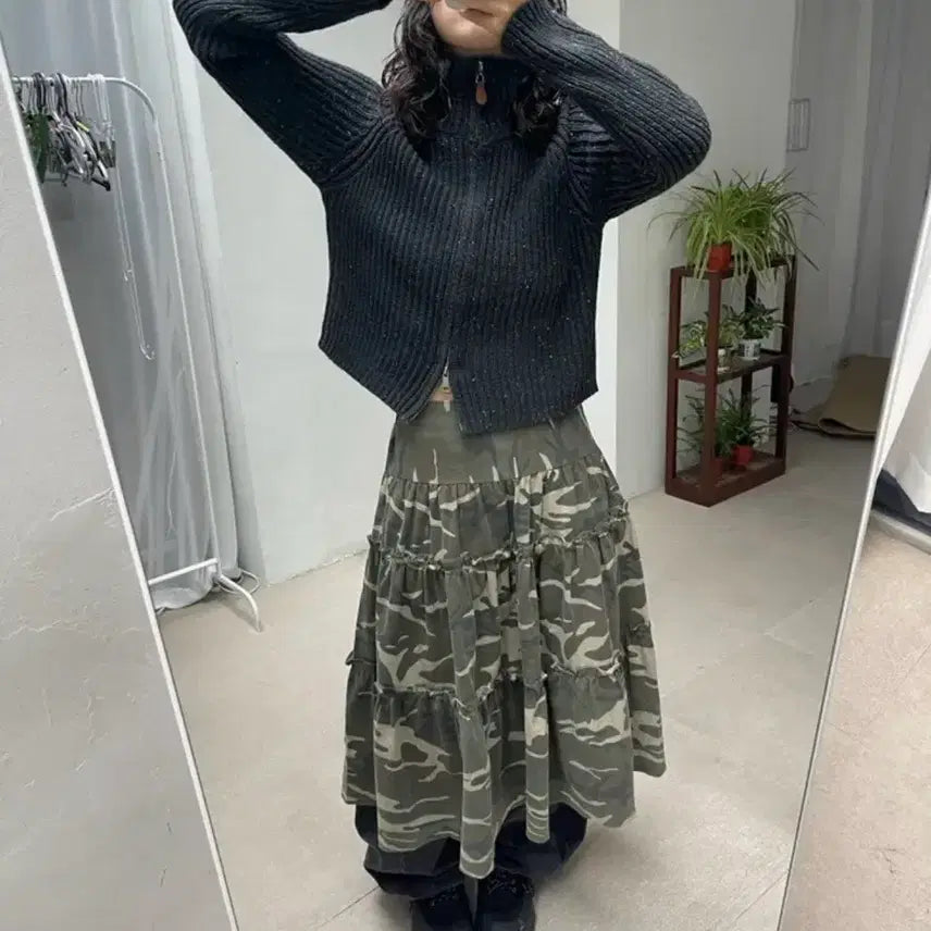 [BUNJANG] Camo Pleated Long Skirt / 카모 플리츠 스커트