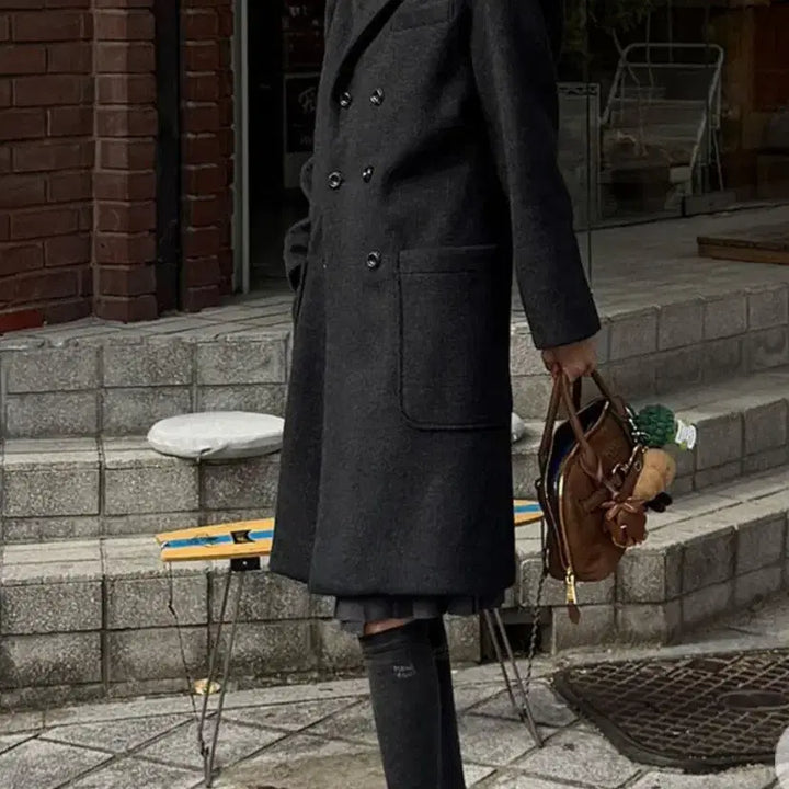 [BUNJANG] Go Girl Double Button Long Coat - Gray / 고걸)더블 버튼 롱 코트 그레이
