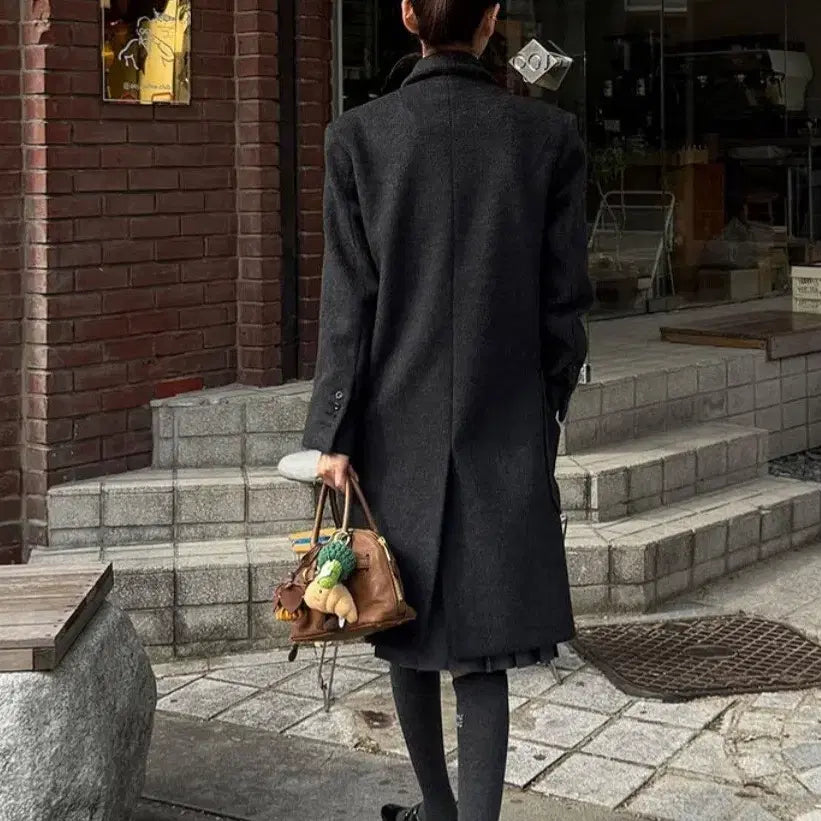 [BUNJANG] Go Girl Double Button Long Coat - Gray / 고걸)더블 버튼 롱 코트 그레이