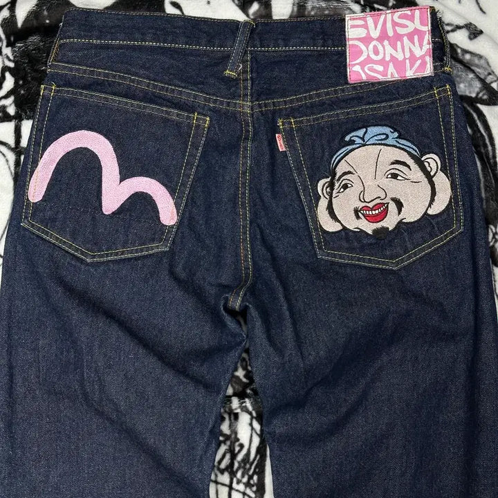 [BUNJANG] EVISU Pink Signature Embroidered Logo Pants / EVISU 에비수 핑크 시그니처 자수 로고 팬츠
