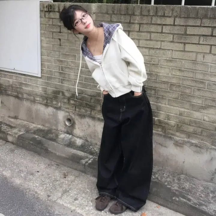 [BUNJANG] Crop Check Hooded Zip-up / 크롭 체크배색 후드집업