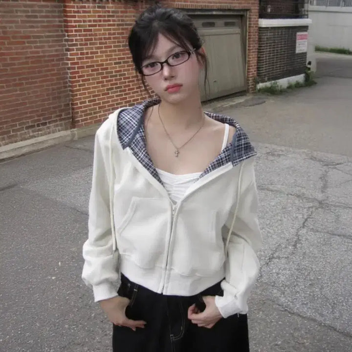 [BUNJANG] Crop Check Hooded Zip-up / 크롭 체크배색 후드집업