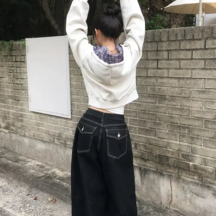 [BUNJANG] Crop Check Hooded Zip-up / 크롭 체크배색 후드집업
