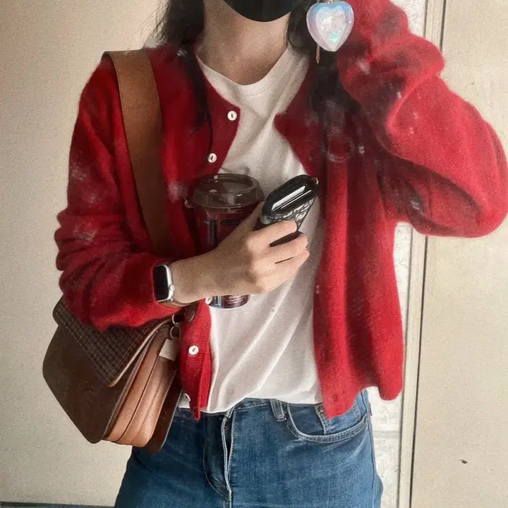[BUNJANG] Raccoon Wool Fox Angora Cardigan Red / 라쿤 울 폭스 앙고라 가디건 레드 봄 가을 간절기
