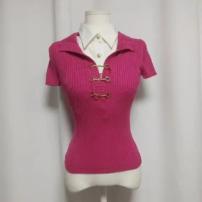[BUNJANG] Vintage Buckle Short Sleeve Knit Gold Buckle / 빈티지 버클 반팔 니트 금장버클
