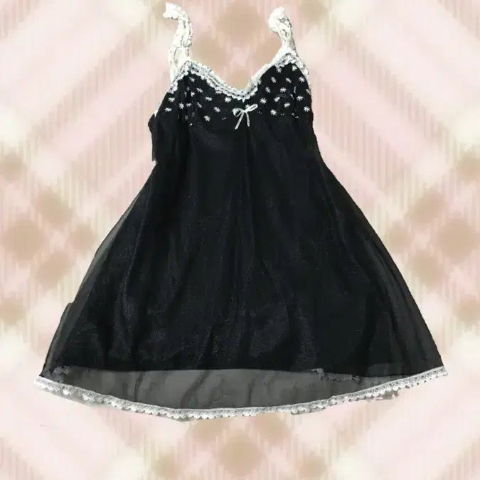 [BUNJANG] Black Lace Ribbon Punching Sleeveless Top / 블랙 레이스 리본 펀칭 시스루 슬리브리스 나시 히메 오네 라떼 갸루 모리