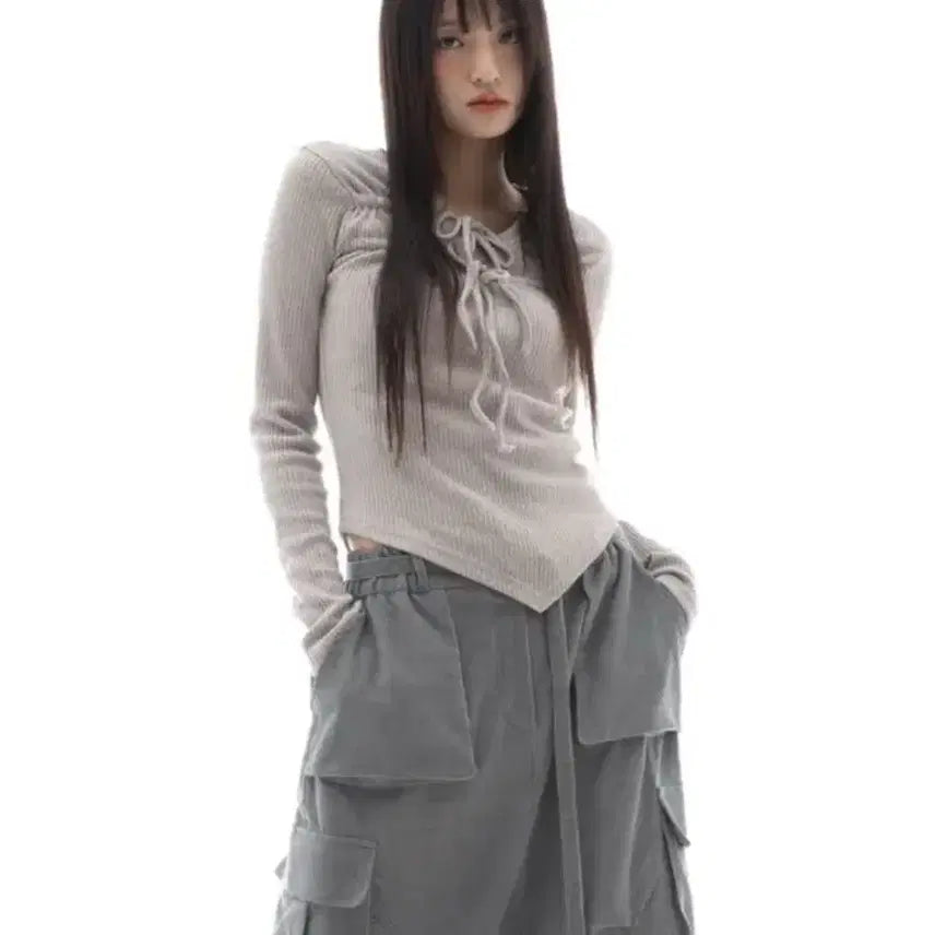 [BUNJANG] Plasmasphere Ribbon Shirring T-Shirt Beige / 플라즈마스페어 리본 셔링 티셔츠 베이지
