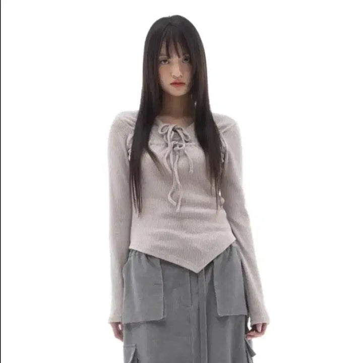 [BUNJANG] Plasmasphere Ribbon Shirring T-Shirt Beige / 플라즈마스페어 리본 셔링 티셔츠 베이지