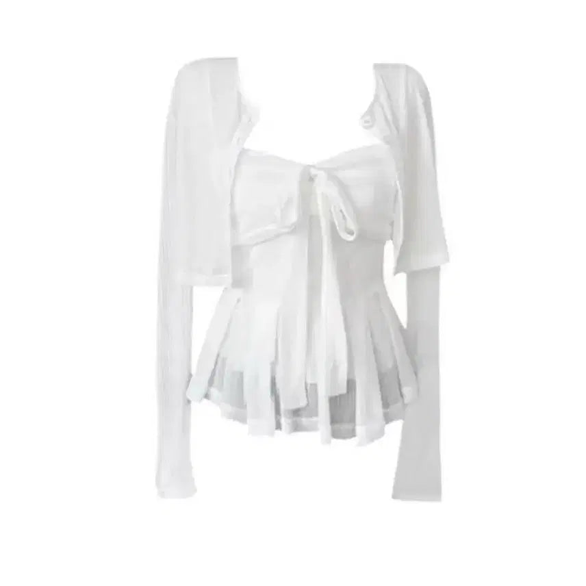 [BUNJANG] White Ribbon Tank Top, Cardigan, and Skirt Set / 지뢰계 화이트 리본 나시 + 가디건 + 스커트 세트