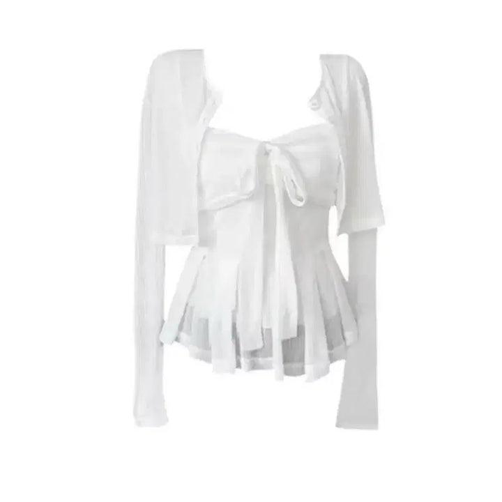 [BUNJANG] White Ribbon Tank Top, Cardigan, and Skirt Set / 지뢰계 화이트 리본 나시 + 가디건 + 스커트 세트