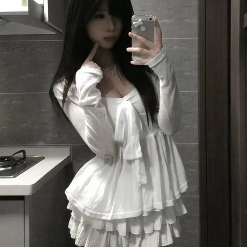 [BUNJANG] White Ribbon Tank Top, Cardigan, and Skirt Set / 지뢰계 화이트 리본 나시 + 가디건 + 스커트 세트