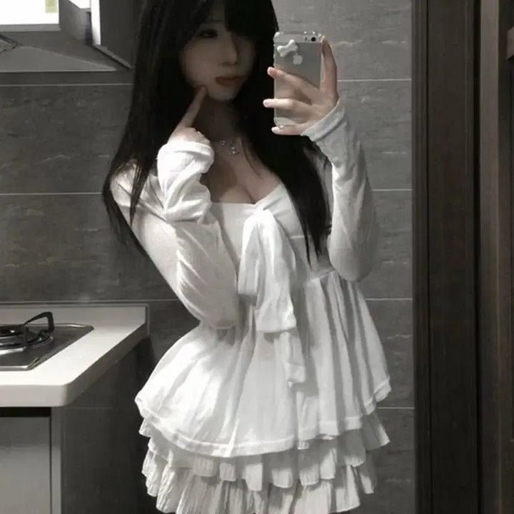 [BUNJANG] White Ribbon Tank Top, Cardigan, and Skirt Set / 지뢰계 화이트 리본 나시 + 가디건 + 스커트 세트