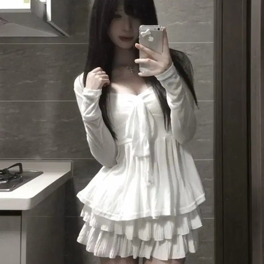 [BUNJANG] White Ribbon Tank Top, Cardigan, and Skirt Set / 지뢰계 화이트 리본 나시 + 가디건 + 스커트 세트