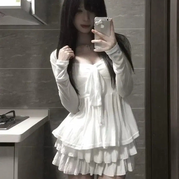 [BUNJANG] White Ribbon Tank Top, Cardigan, and Skirt Set / 지뢰계 화이트 리본 나시 + 가디건 + 스커트 세트