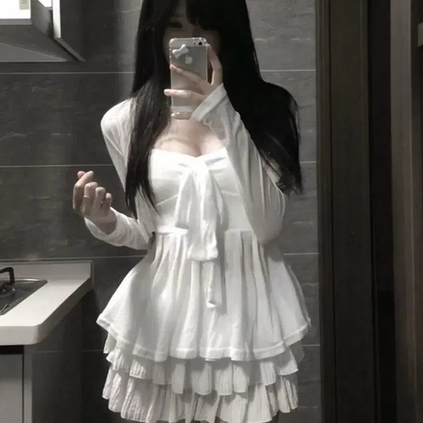 [BUNJANG] White Ribbon Tank Top, Cardigan, and Skirt Set / 지뢰계 화이트 리본 나시 + 가디건 + 스커트 세트