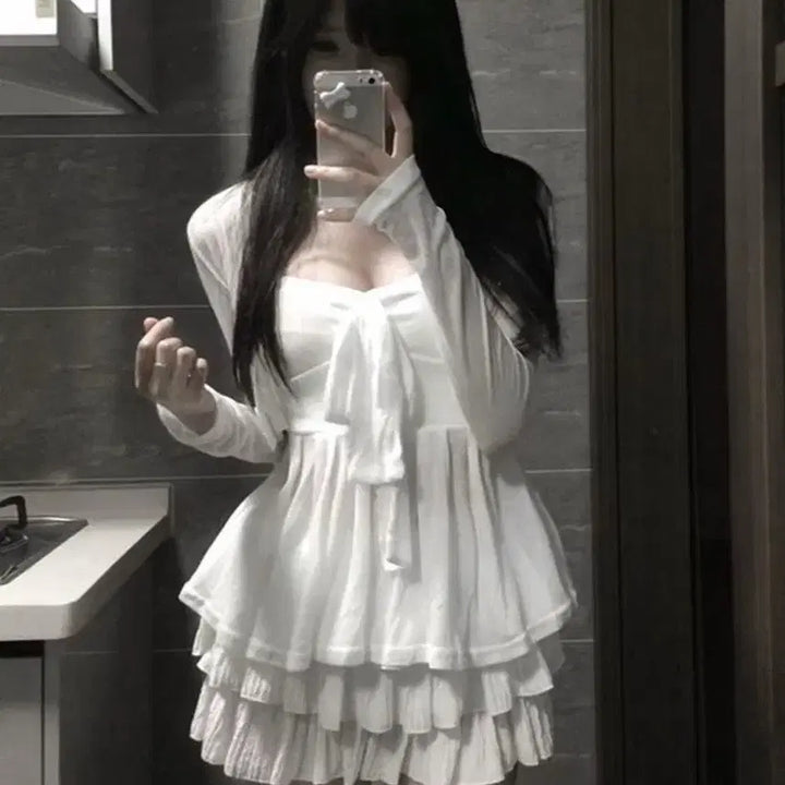 [BUNJANG] White Ribbon Tank Top, Cardigan, and Skirt Set / 지뢰계 화이트 리본 나시 + 가디건 + 스커트 세트
