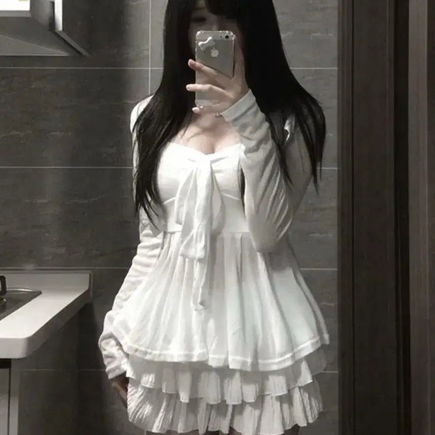 [BUNJANG] White Ribbon Tank Top, Cardigan, and Skirt Set / 지뢰계 화이트 리본 나시 + 가디건 + 스커트 세트