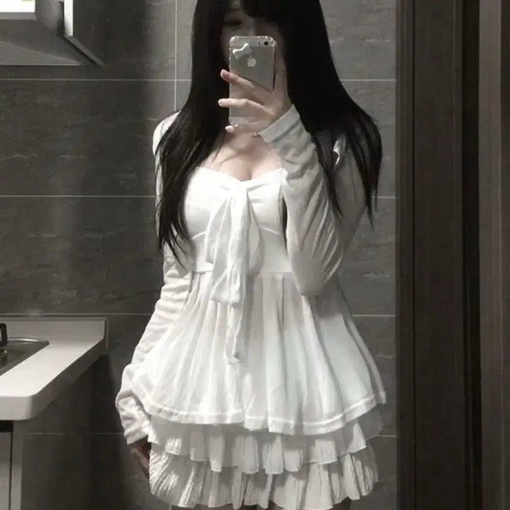 [BUNJANG] White Ribbon Tank Top, Cardigan, and Skirt Set / 지뢰계 화이트 리본 나시 + 가디건 + 스커트 세트
