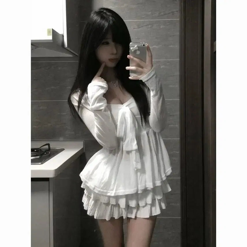 [BUNJANG] White Ribbon Tank Top, Cardigan, and Skirt Set / 지뢰계 화이트 리본 나시 + 가디건 + 스커트 세트