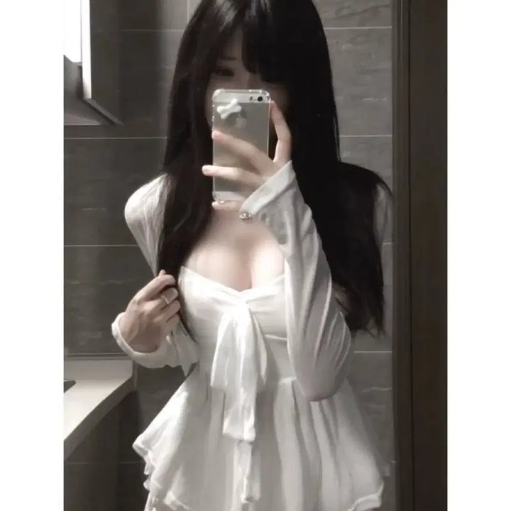 [BUNJANG] White Ribbon Tank Top, Cardigan, and Skirt Set / 지뢰계 화이트 리본 나시 + 가디건 + 스커트 세트