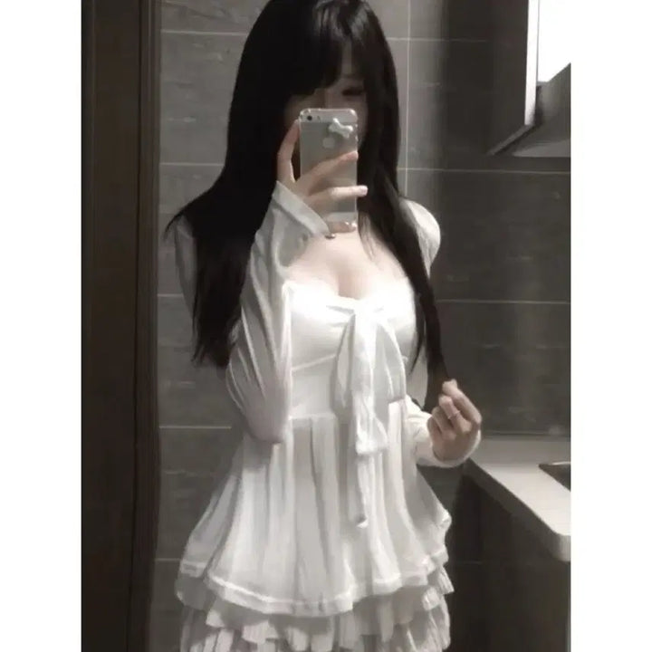 [BUNJANG] White Ribbon Tank Top, Cardigan, and Skirt Set / 지뢰계 화이트 리본 나시 + 가디건 + 스커트 세트