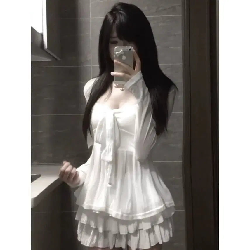 [BUNJANG] White Ribbon Tank Top, Cardigan, and Skirt Set / 지뢰계 화이트 리본 나시 + 가디건 + 스커트 세트