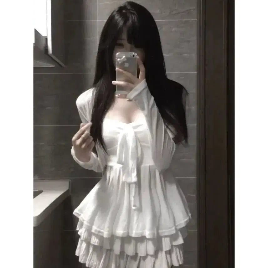 [BUNJANG] White Ribbon Tank Top, Cardigan, and Skirt Set / 지뢰계 화이트 리본 나시 + 가디건 + 스커트 세트