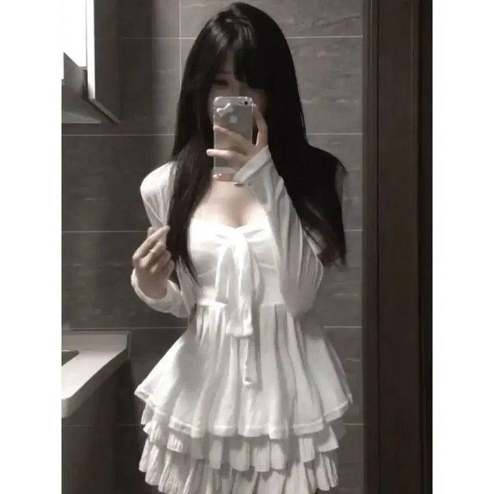 [BUNJANG] White Ribbon Tank Top, Cardigan, and Skirt Set / 지뢰계 화이트 리본 나시 + 가디건 + 스커트 세트