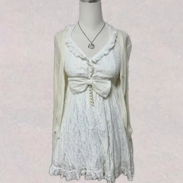 [BUNJANG] Trallala White Pearl Ribbon Halter Dress / 트랄라라 화이트 진주 리본 홀터 원피스 라떼 히메 갸루 러블리 리즈리사