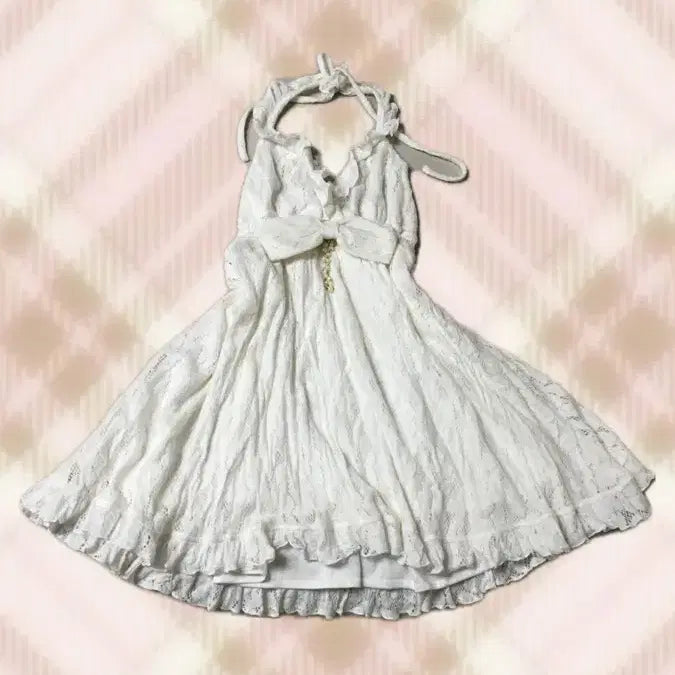 [BUNJANG] Trallala White Pearl Ribbon Halter Dress / 트랄라라 화이트 진주 리본 홀터 원피스 라떼 히메 갸루 러블리 리즈리사