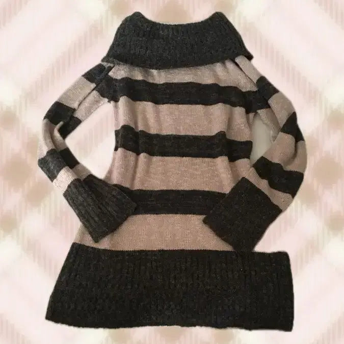 [BUNJANG] Brown Stripe Off-Shoulder Knit Dress / 브라운 스트라이프 오프숄더 니트 원피스 라떼 히메 갸루 러블리 로걀 모리