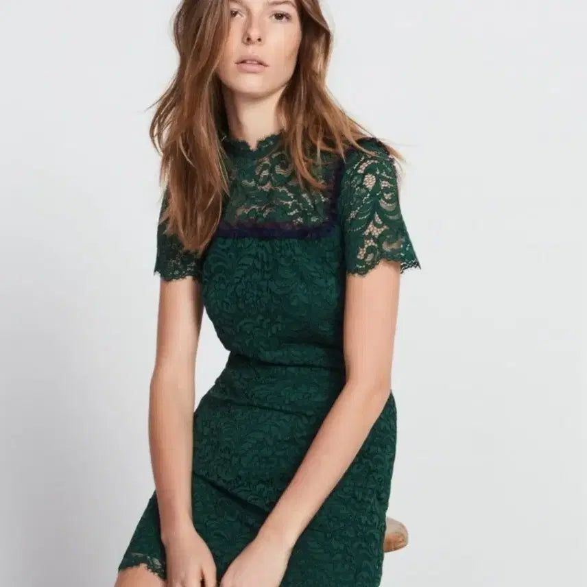 [BUNJANG] Sandro Green Lace Midi Dress / 산드로 그린 레이스 원피스(정품)