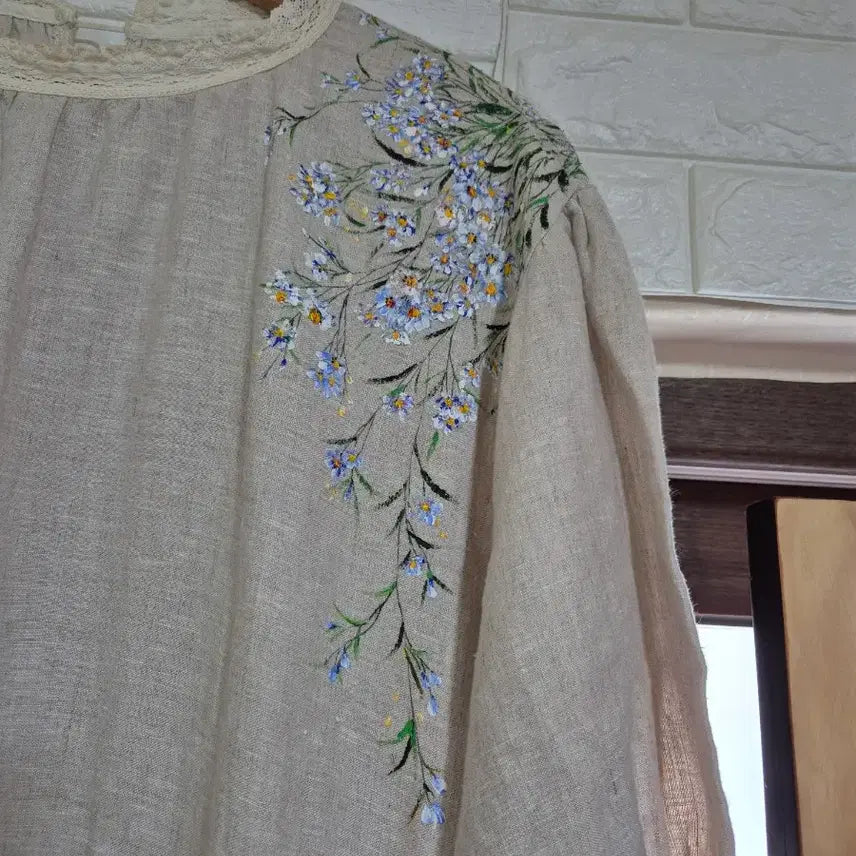 [BUNJANG] Linen Lace Embroidered Long Dress (Sizes 88-99) / 린넨 레이스 자수 원피스(88~99)
