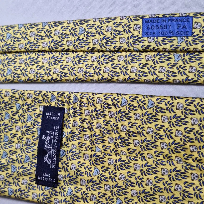 [BUNJANG] Hermès Yellow Bamboo Leaf Panda Face Silk Tie / 에르메스 옐로우 대나무잎 팬더얼굴 올오버 실크 넥타이