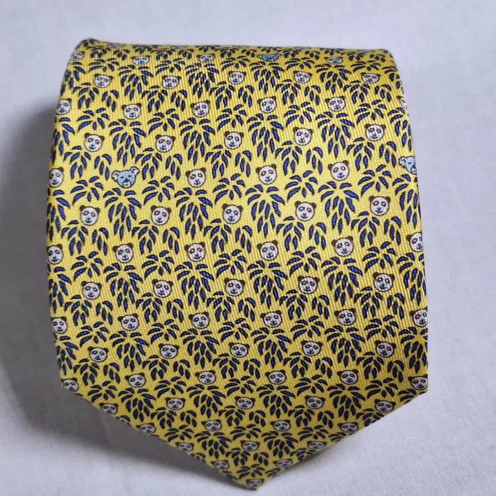 [BUNJANG] Hermès Yellow Bamboo Leaf Panda Face Silk Tie / 에르메스 옐로우 대나무잎 팬더얼굴 올오버 실크 넥타이