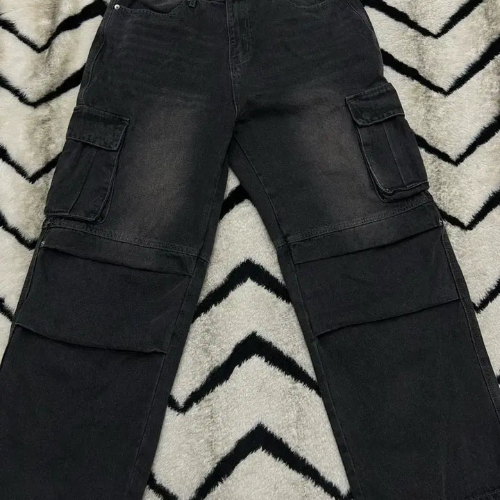 [BUNJANG] Trillion Parachute Wide Cargo Denim Pants Black / [L]트릴리온 파라슈트 와이드 카고 데님팬츠/흑청